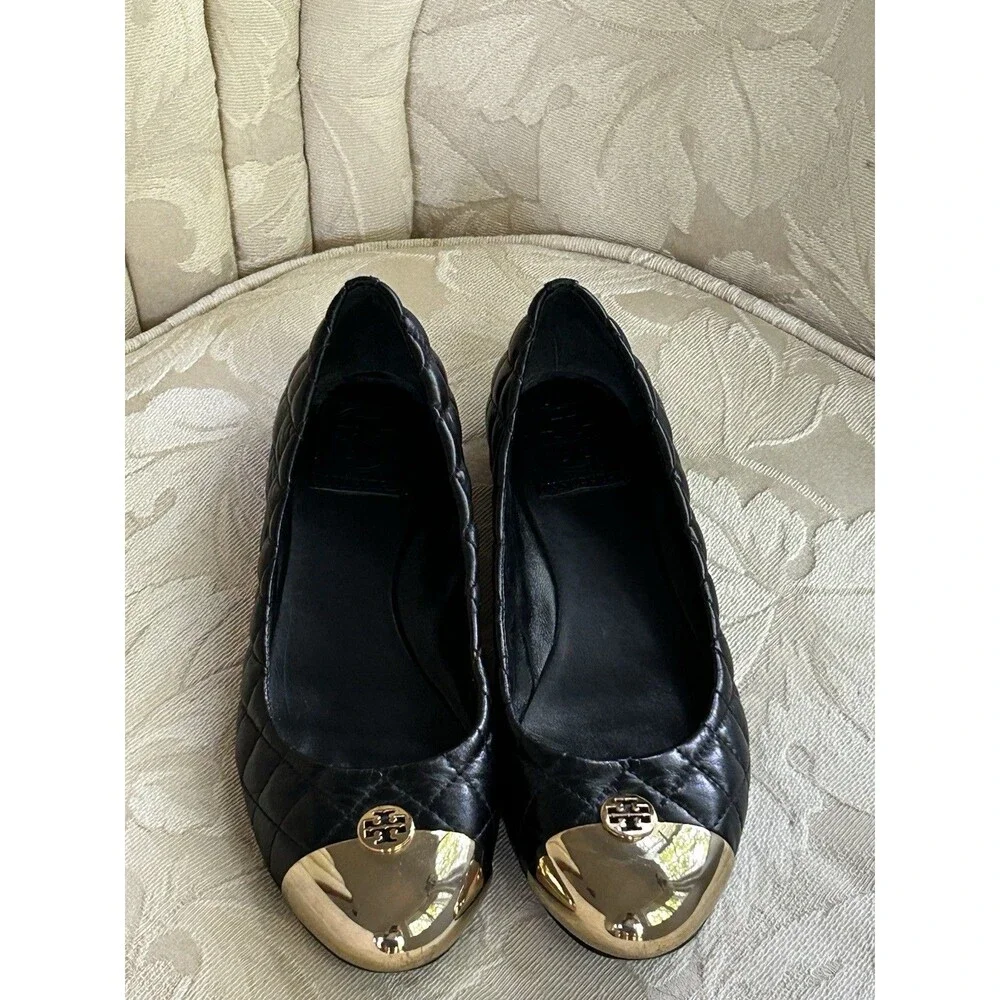 Tory Burch Kaitlin Quilted Leather Ballet Flats Size 9 Black Gold Cap Toe Shoes